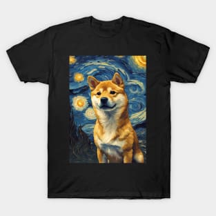 Cute Shiba Inu Dog Breed Painting in a Van Gogh Starry Night Art Style T-Shirt